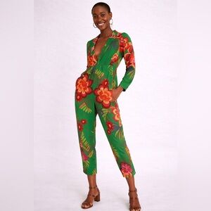 Farm Rio Floral V Neckline Boboikat Jumpsuit XS Tropical Green Cropped FLAW